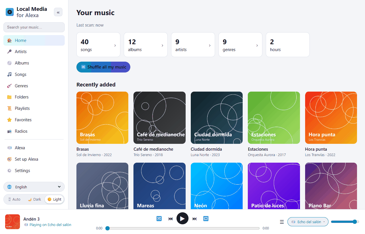 Local Media web app home screen with the music library