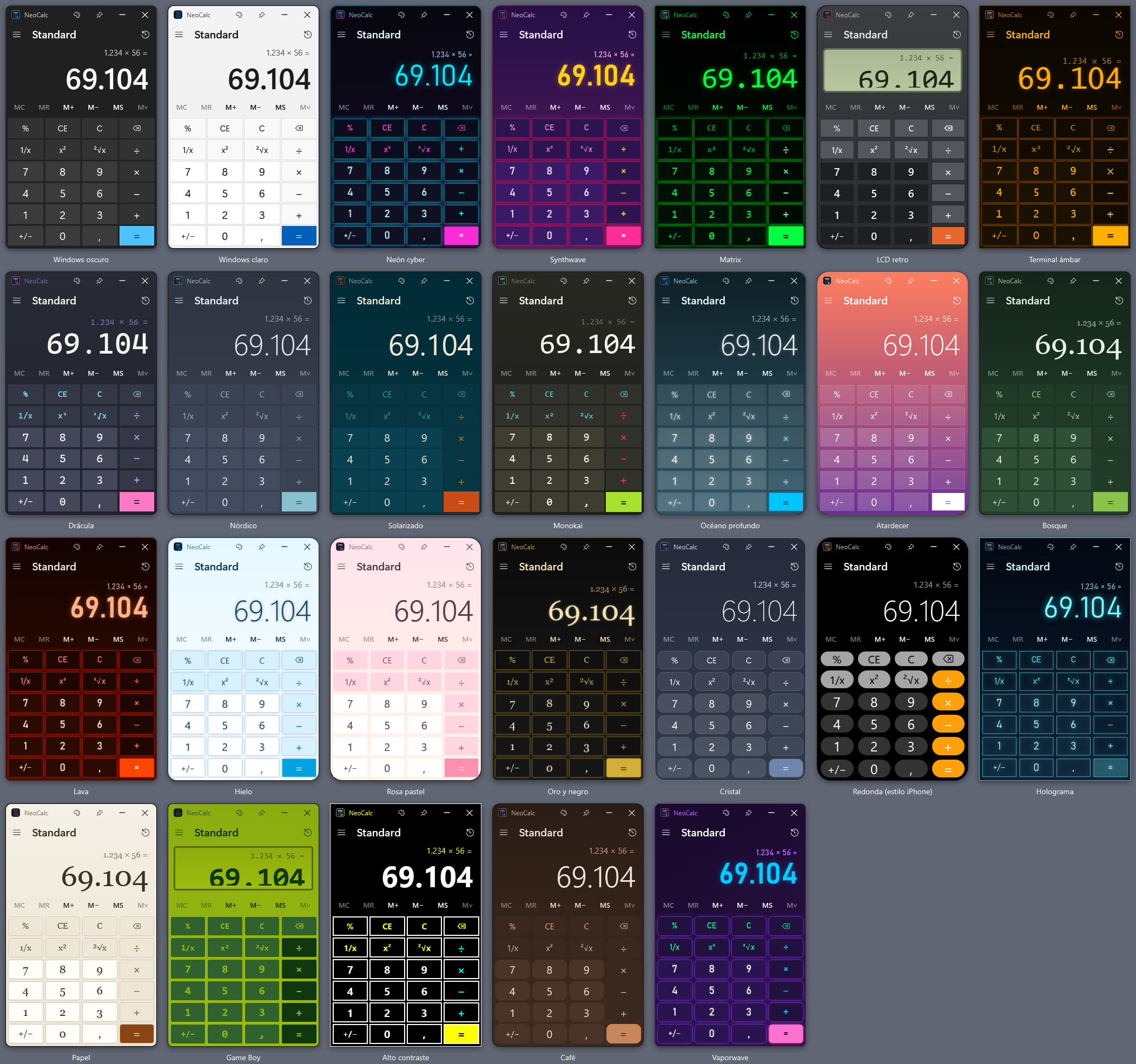 The 26 built-in NeoCalc themes