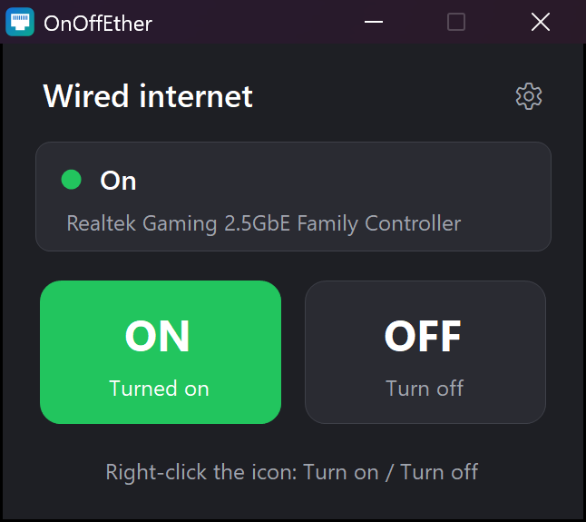 The OnOffEther panel in dark theme showing the wired connection is on
