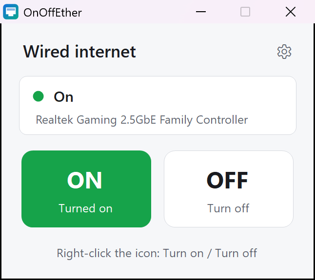 The OnOffEther panel in light theme