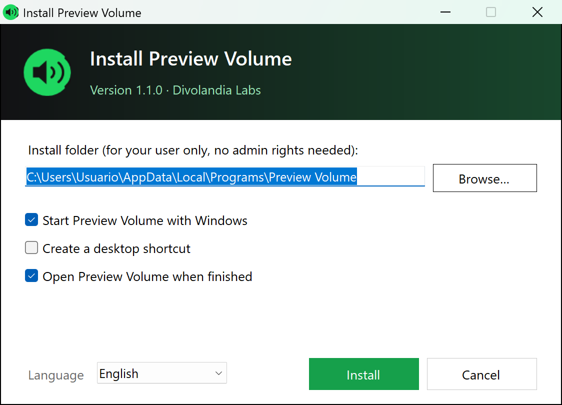 The Preview Volume installer in English
