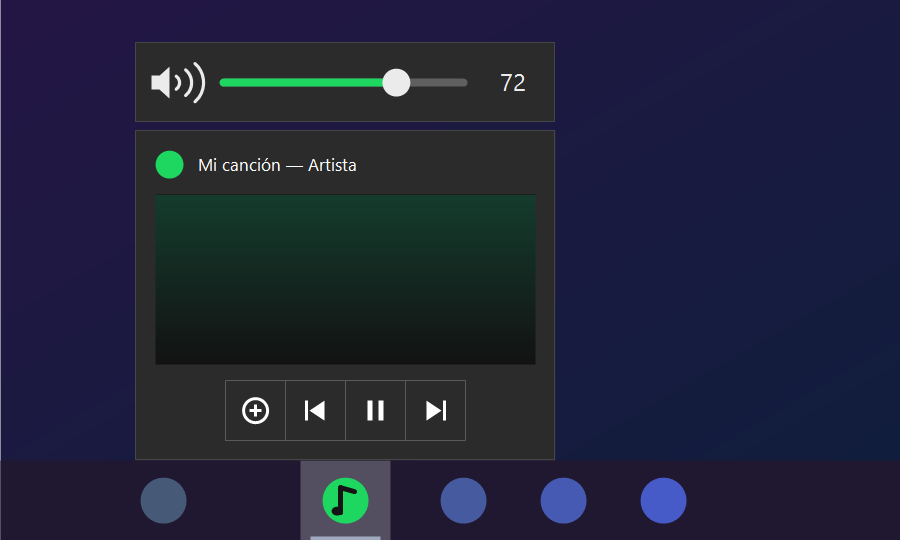 A volume bar shown above a music player's taskbar preview